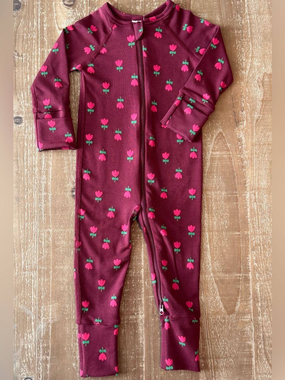 +Hanna Andersson Baby Burgundy Floral HannaSoft Stretch Modal Zip Sleeper 3-6M